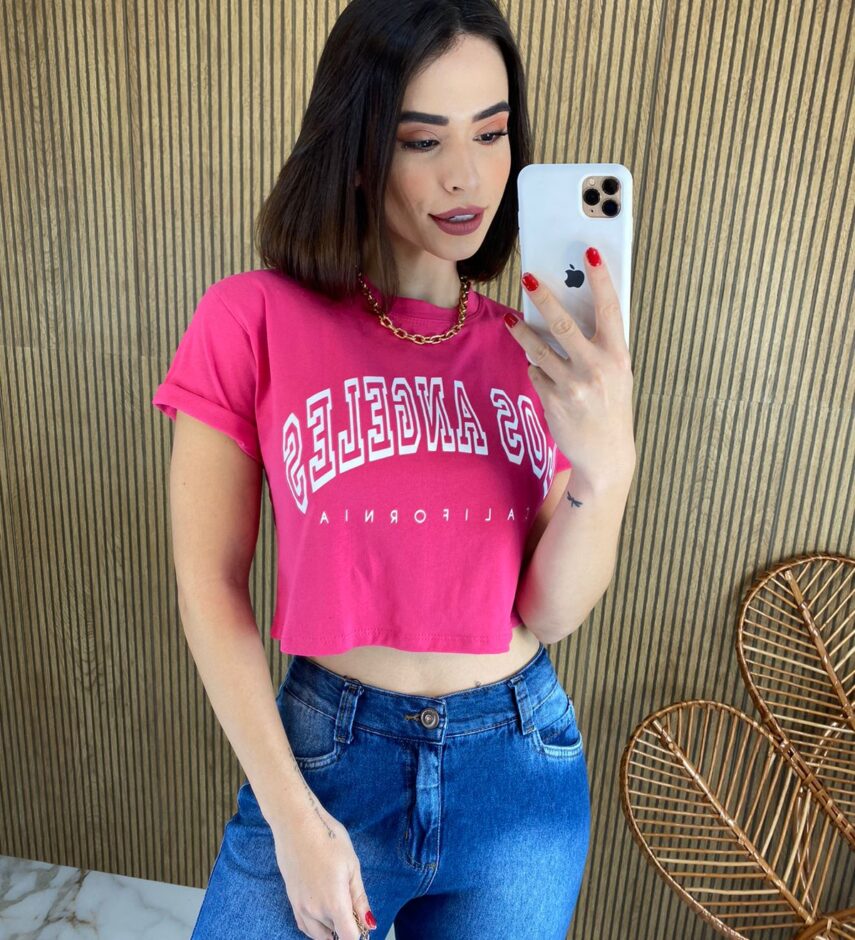 Cropped Feminino sem Bojo Estampado Los Angeles Pink - Fernanda Ramos Store