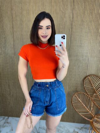 Cropped Feminino sem Bojo Manga Curta Canelado Gola Coral - Fernanda Ramos Store