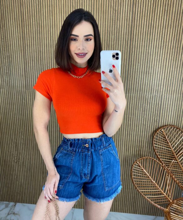 Cropped Feminino sem Bojo Manga Curta Canelado Gola Coral - Fernanda Ramos Store