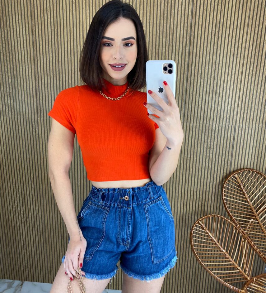 Cropped Feminino sem Bojo Manga Curta Canelado Gola Coral - Fernanda Ramos Store