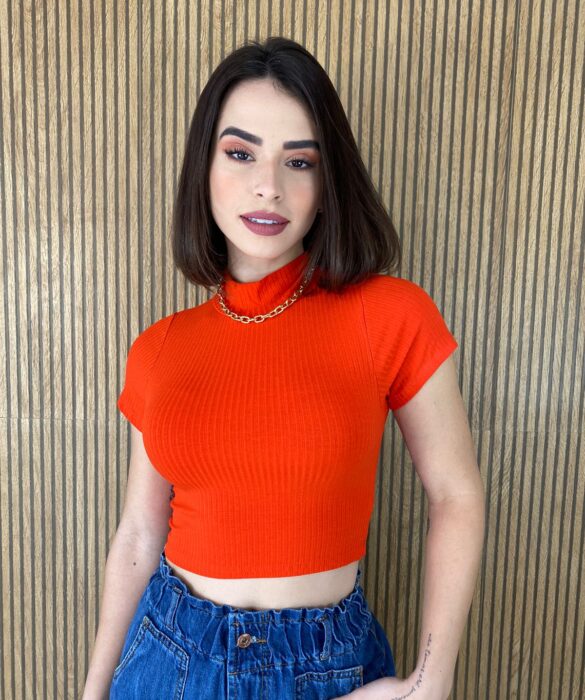 Cropped Feminino sem Bojo Manga Curta Canelado Gola Coral - Fernanda Ramos Store