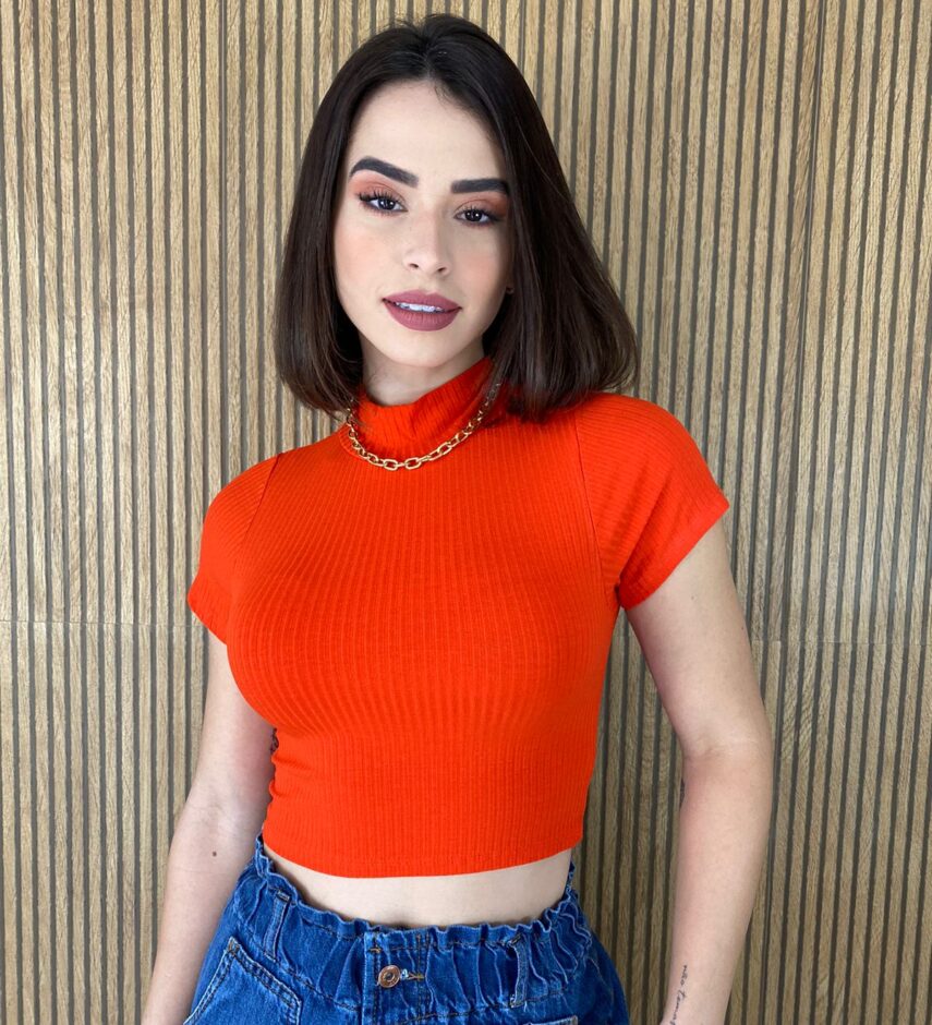 Cropped Feminino sem Bojo Manga Curta Canelado Gola Coral - Fernanda Ramos Store