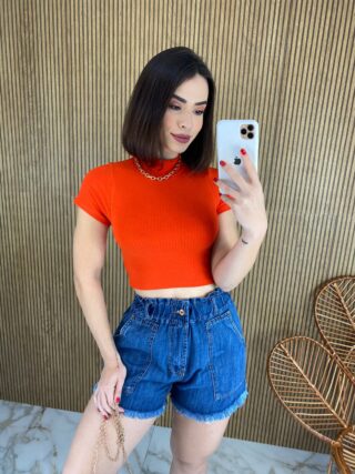 Cropped Feminino sem Bojo Manga Curta Canelado Gola Coral - Fernanda Ramos Store