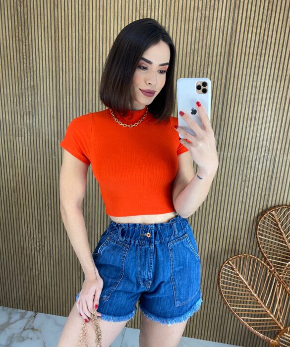 Cropped Feminino sem Bojo Manga Curta Canelado Gola Coral - Fernanda Ramos Store