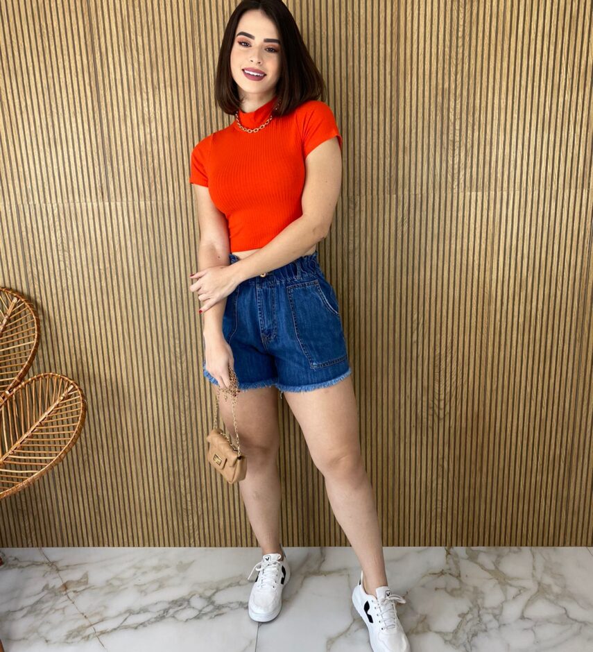 Cropped Feminino sem Bojo Manga Curta Canelado Gola Coral - Fernanda Ramos Store