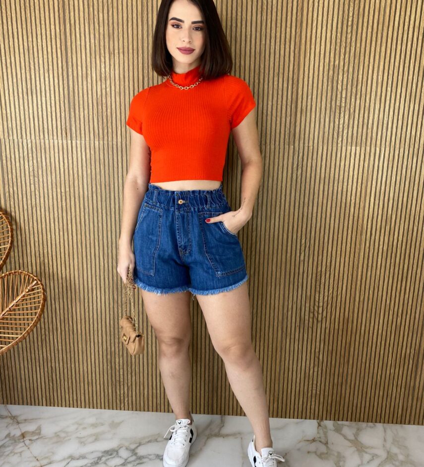 Cropped Feminino sem Bojo Manga Curta Canelado Gola Coral - Fernanda Ramos Store