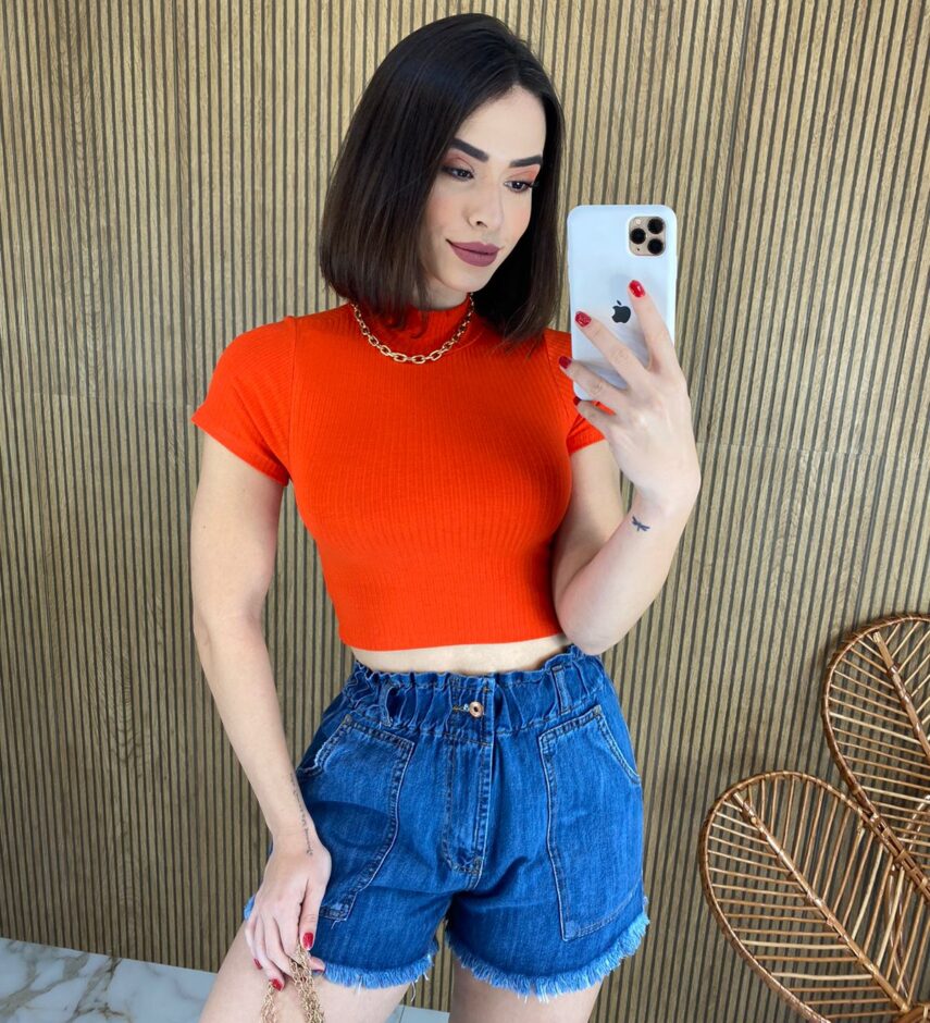 Cropped Feminino sem Bojo Manga Curta Canelado Gola Coral - Fernanda Ramos Store