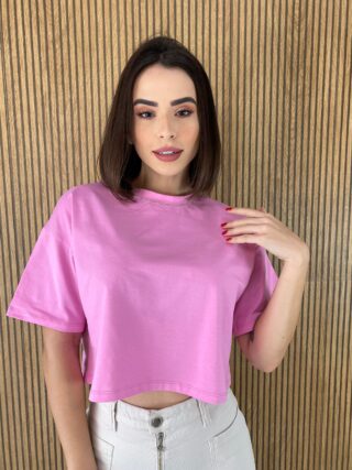 Cropped Feminino sem Bojo Manga Curta Detalhe em Aplicação Rosa - Fernanda Ramos Store