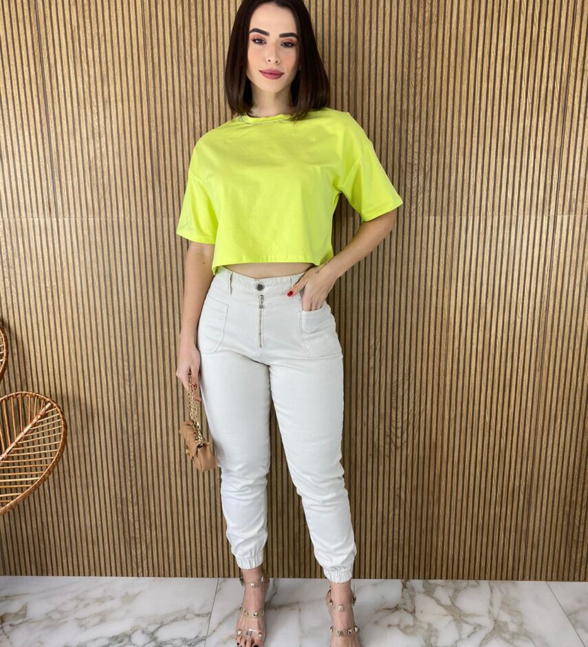 Cropped Feminino sem Bojo Manga Curta Detalhe em Aplicação Verde Lima - Fernanda Ramos Store