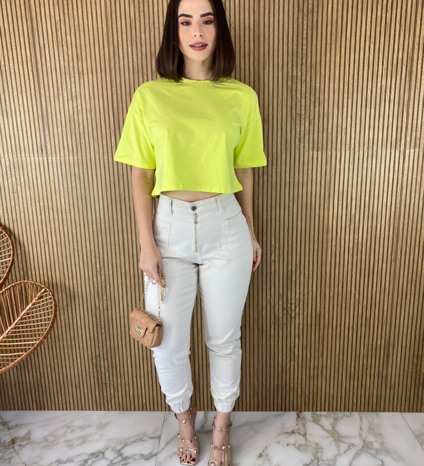 Cropped Feminino sem Bojo Manga Curta Detalhe em Aplicação Verde Lima - Fernanda Ramos Store
