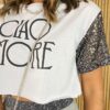 Cropped Feminino sem Bojo Manga em Paetê Ciao Amore Branco - Fernanda Ramos Store