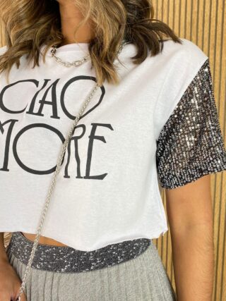 Cropped Feminino sem Bojo Manga em Paetê Ciao Amore Branco - Fernanda Ramos Store