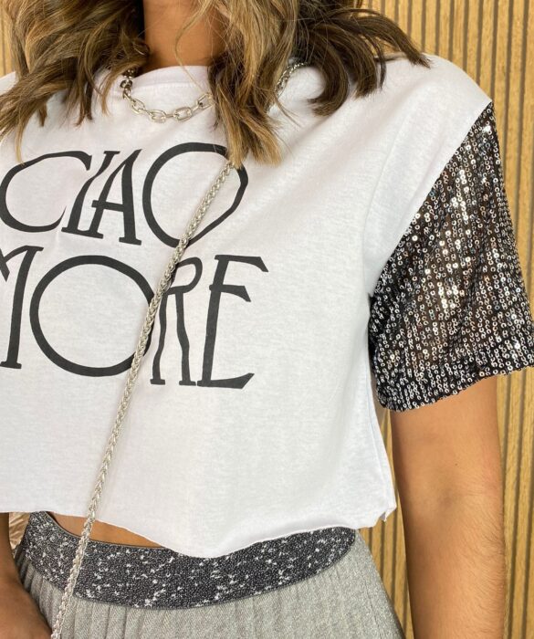 Cropped Feminino sem Bojo Manga em Paetê Ciao Amore Branco - Fernanda Ramos Store