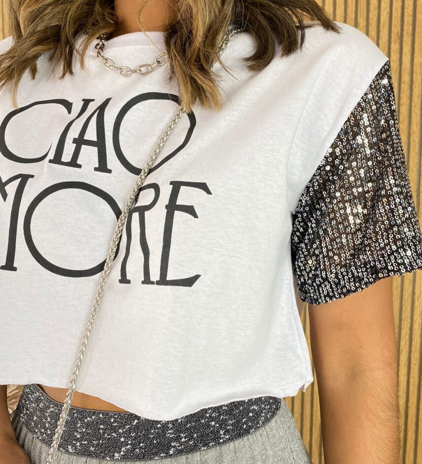Cropped Feminino sem Bojo Manga em Paetê Ciao Amore Branco - Fernanda Ramos Store