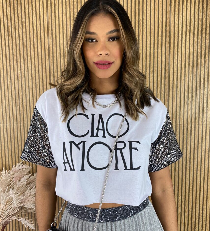 Cropped Feminino sem Bojo Manga em Paetê Ciao Amore Branco - Fernanda Ramos Store