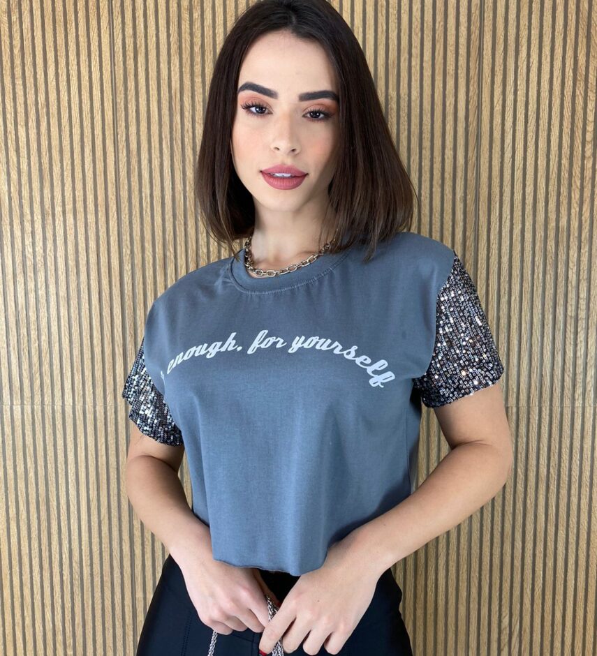 Cropped Feminino sem Bojo Manga em Paetê Be Enough Cinza - Fernanda Ramos Store