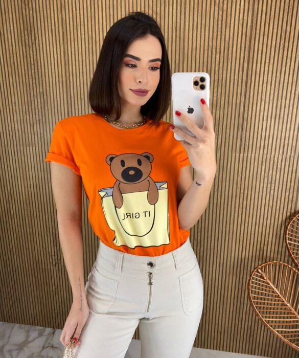 T-shirt Manga Curta Ursinho It Girl Coral - Fernanda Ramos Store