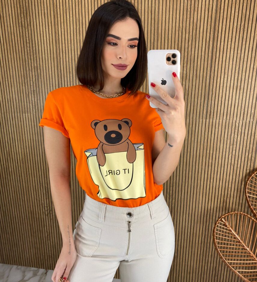 T-shirt Manga Curta Ursinho It Girl Coral - Fernanda Ramos Store
