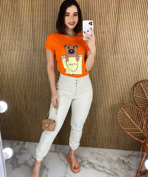 T-shirt Manga Curta Ursinho It Girl Coral - Fernanda Ramos Store