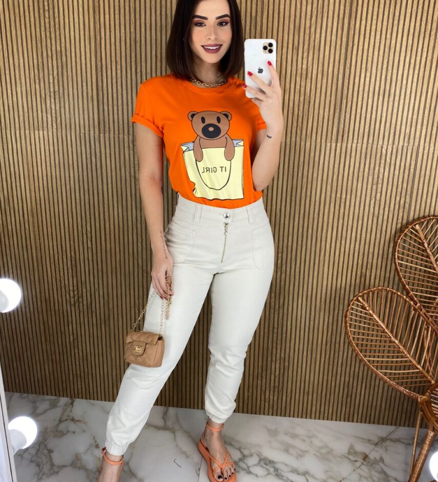 T-shirt Manga Curta Ursinho It Girl Coral - Fernanda Ramos Store