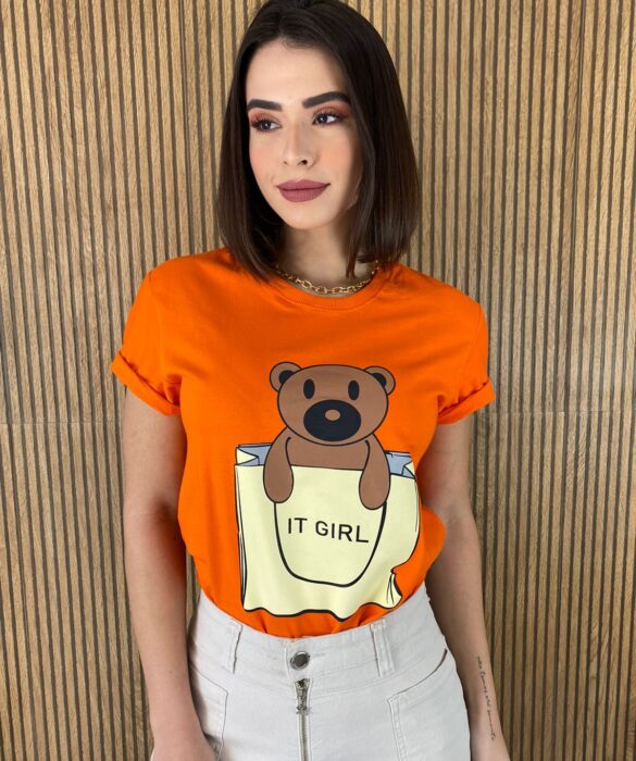 T-shirt Manga Curta Ursinho It Girl Coral - Fernanda Ramos Store