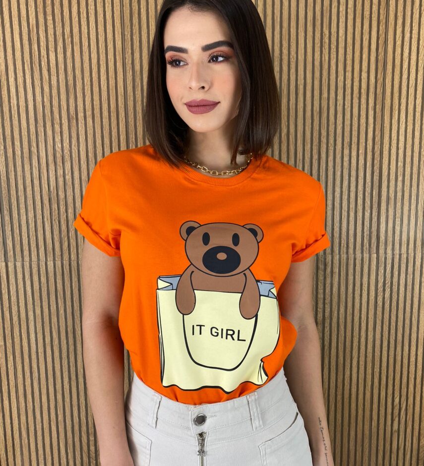 T-shirt Manga Curta Ursinho It Girl Coral - Fernanda Ramos Store