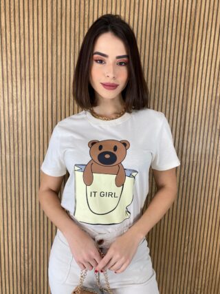 T-shirt Manga Curta Ursinho It Girl Off White - Fernanda Ramos Store