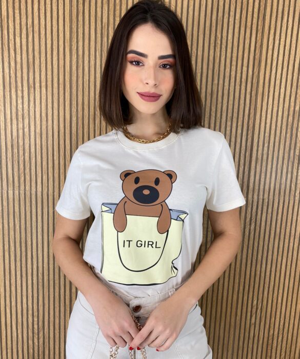 T-shirt Manga Curta Ursinho It Girl Off White - Fernanda Ramos Store