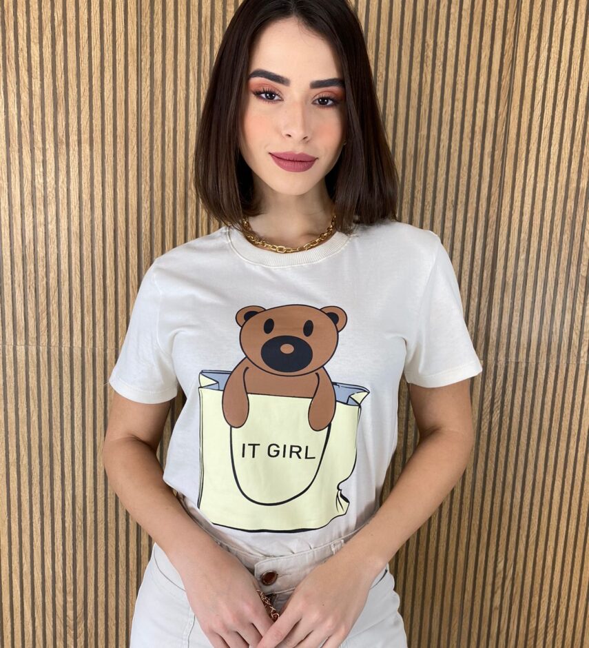 T-shirt Manga Curta Ursinho It Girl Off White - Fernanda Ramos Store
