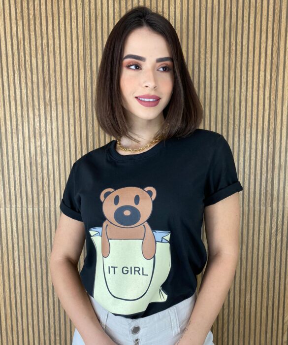 T-shirt Manga Curta Ursinho It Girl Preta - Fernanda Ramos Store