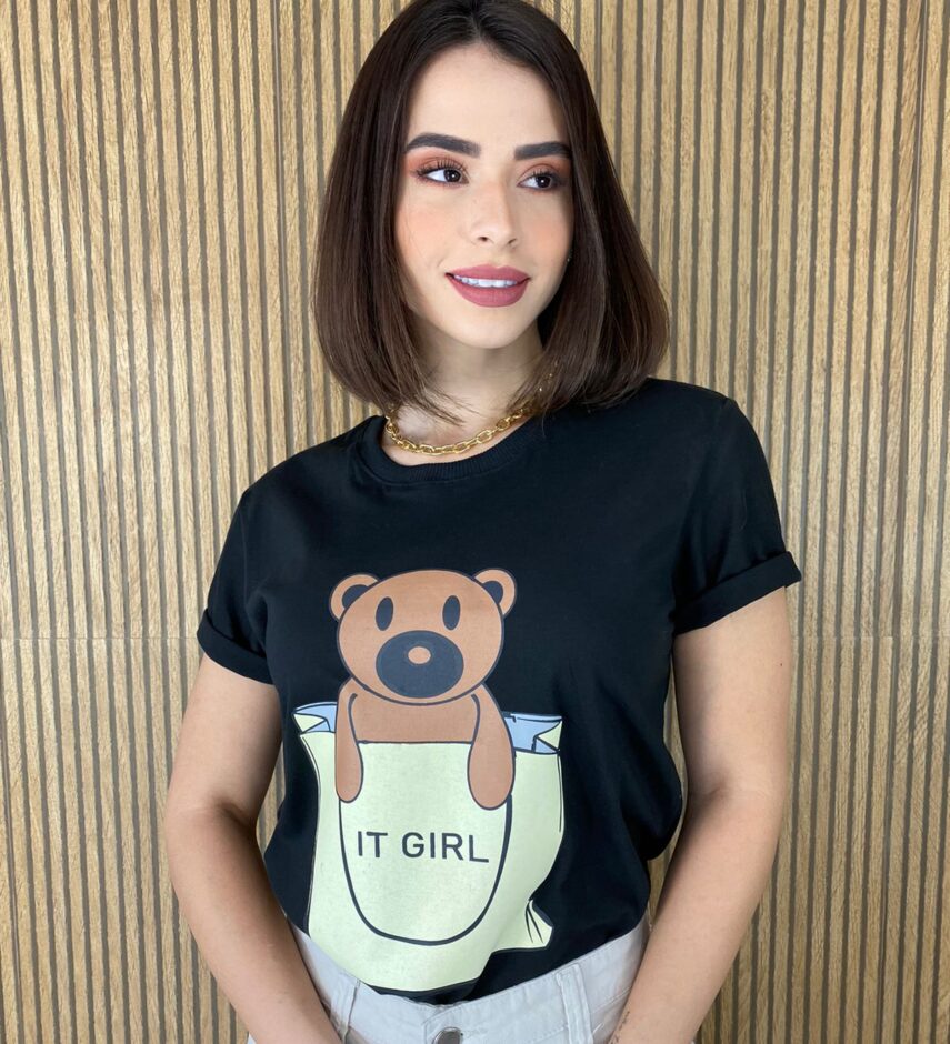 T-shirt Manga Curta Ursinho It Girl Preta - Fernanda Ramos Store