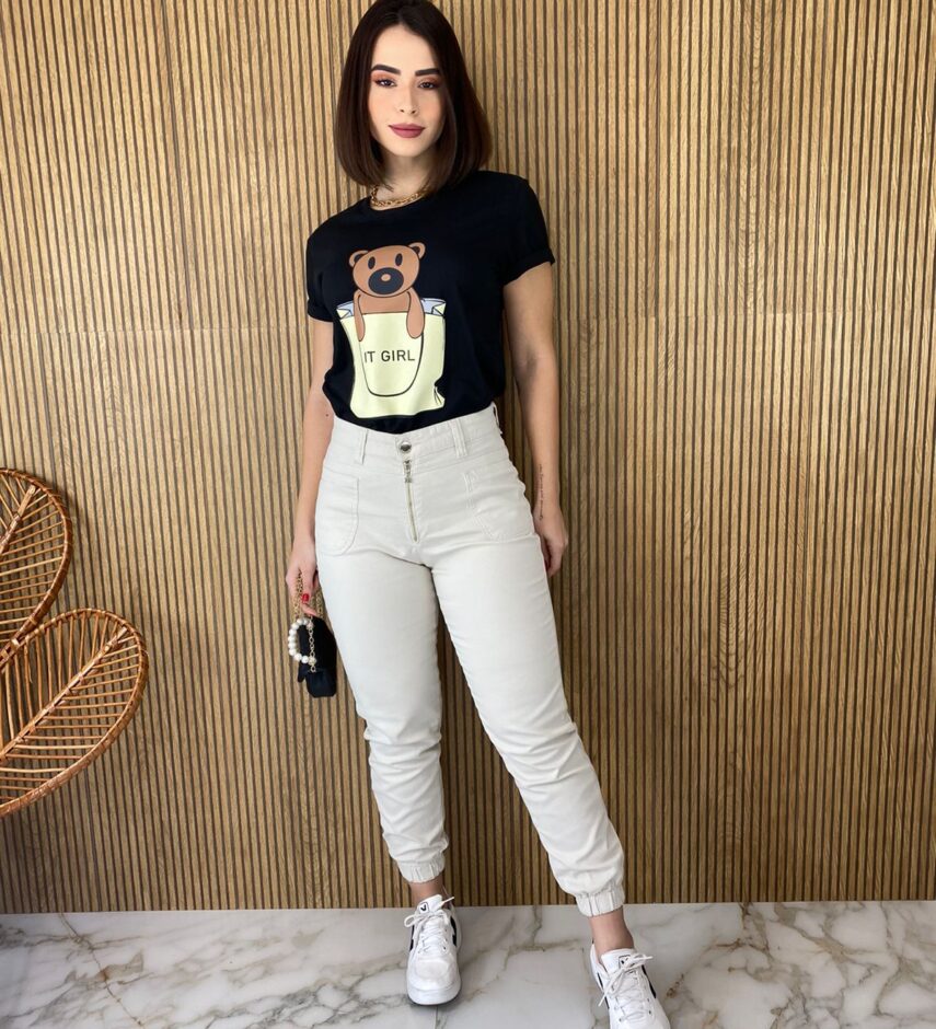 T-shirt Manga Curta Ursinho It Girl Preta - Fernanda Ramos Store