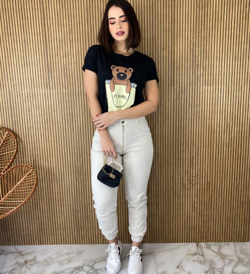 T-shirt Manga Curta Ursinho It Girl Preta - Fernanda Ramos Store