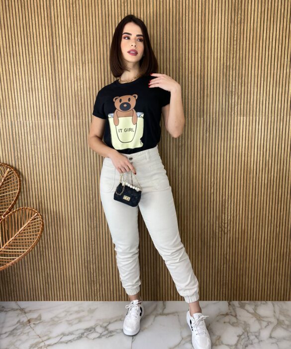 T-shirt Manga Curta Ursinho It Girl Preta - Fernanda Ramos Store