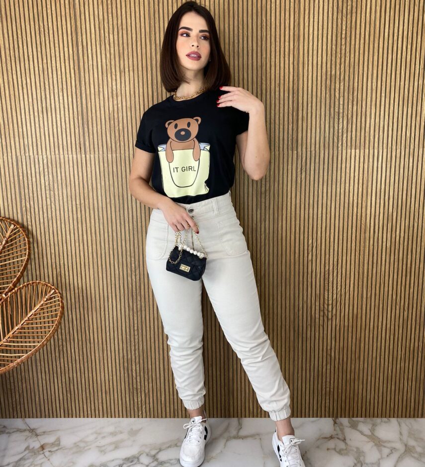 T-shirt Manga Curta Ursinho It Girl Preta - Fernanda Ramos Store