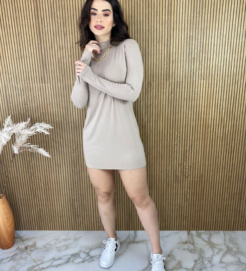 Vestido Curto Manga Longa sem Bojo Nude Detalhe de Aplicação nas Costas - Fernanda Ramos Store