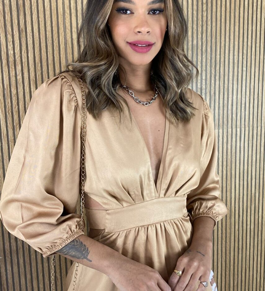 Vestido Curto sem Bojo com Amarração nas Costas Bege - Fernanda Ramos Store