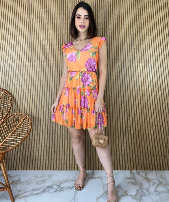 Vestido Curto sem Bojo Manga Curta Estampa Floral Fundo Laranja - Fernanda Ramos Store