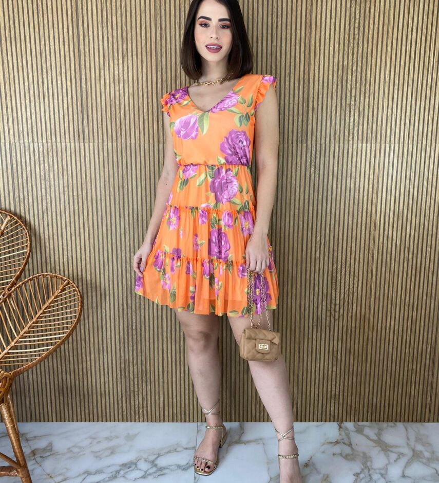 Vestido Curto sem Bojo Manga Curta Estampa Floral Fundo Laranja - Fernanda Ramos Store