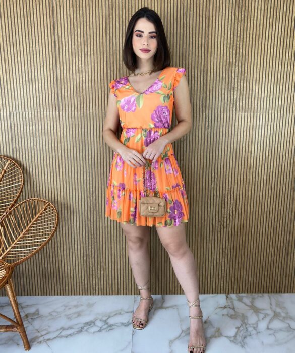 Vestido Curto sem Bojo Manga Curta Estampa Floral Fundo Laranja - Fernanda Ramos Store