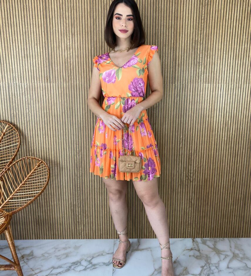 Vestido Curto sem Bojo Manga Curta Estampa Floral Fundo Laranja - Fernanda Ramos Store