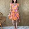 Vestido Curto sem Bojo Manga Curta Estampa Floral Fundo Laranja - Fernanda Ramos Store