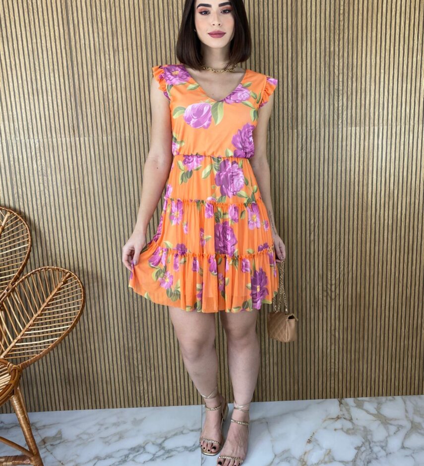 Vestido Curto sem Bojo Manga Curta Estampa Floral Fundo Laranja - Fernanda Ramos Store