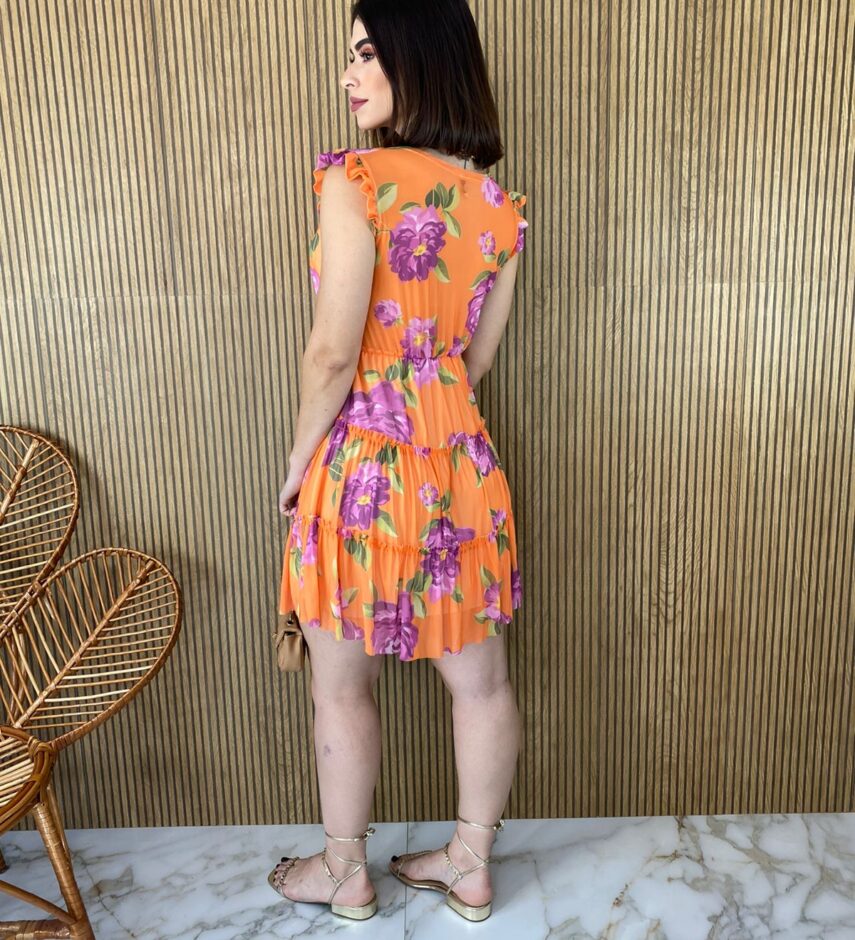 Vestido Curto sem Bojo Manga Curta Estampa Floral Fundo Laranja - Fernanda Ramos Store