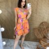 Vestido Curto sem Bojo Manga Curta Estampa Floral Fundo Laranja - Fernanda Ramos Store