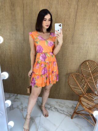 Vestido Curto sem Bojo Manga Curta Estampa Floral Fundo Laranja - Fernanda Ramos Store