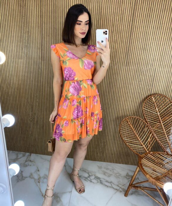 Vestido Curto sem Bojo Manga Curta Estampa Floral Fundo Laranja - Fernanda Ramos Store