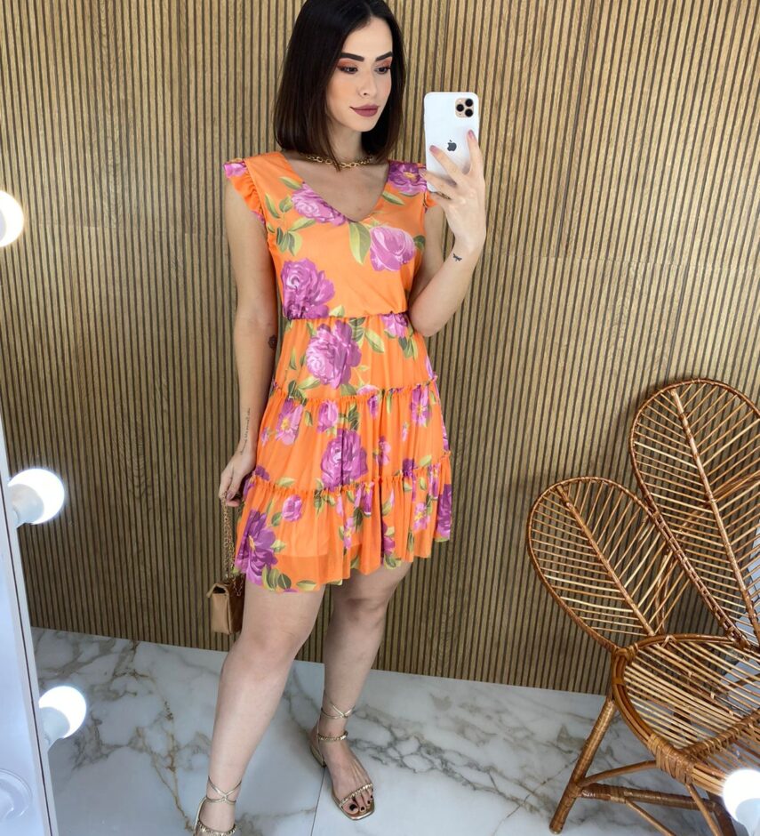 Vestido Curto sem Bojo Manga Curta Estampa Floral Fundo Laranja - Fernanda Ramos Store