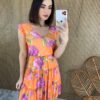 Vestido Curto sem Bojo Manga Curta Estampa Floral Fundo Laranja - Fernanda Ramos Store