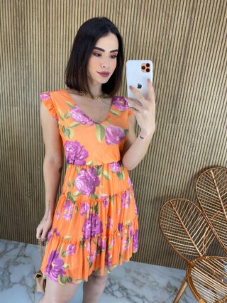 Vestido Curto sem Bojo Manga Curta Estampa Floral Fundo Laranja - Fernanda Ramos Store